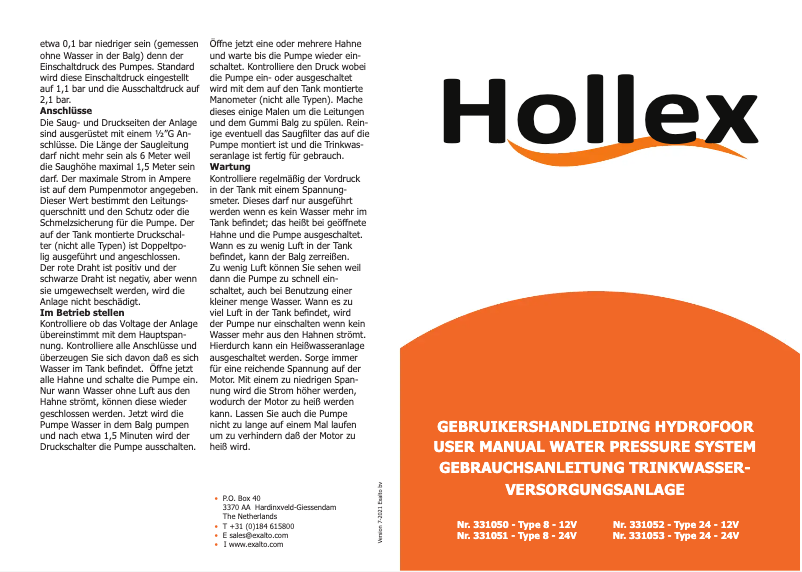 Page 1 of the manual User Manual Hollex 24V Hydrofoor
