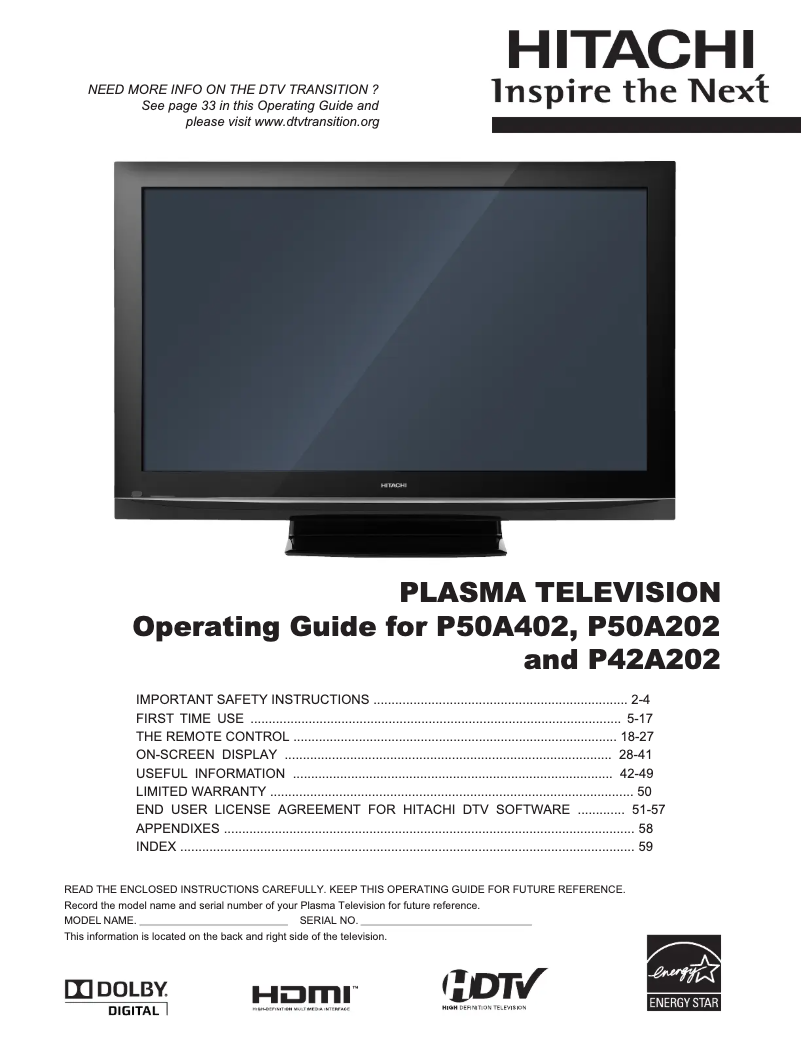 Page 1 of the manual User Manual Hitachi P50A202