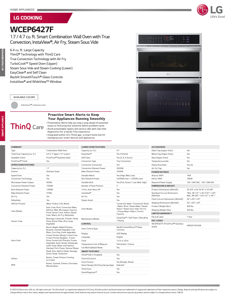 Page 1 of the manual Technical Sheet LG WCEP6427F