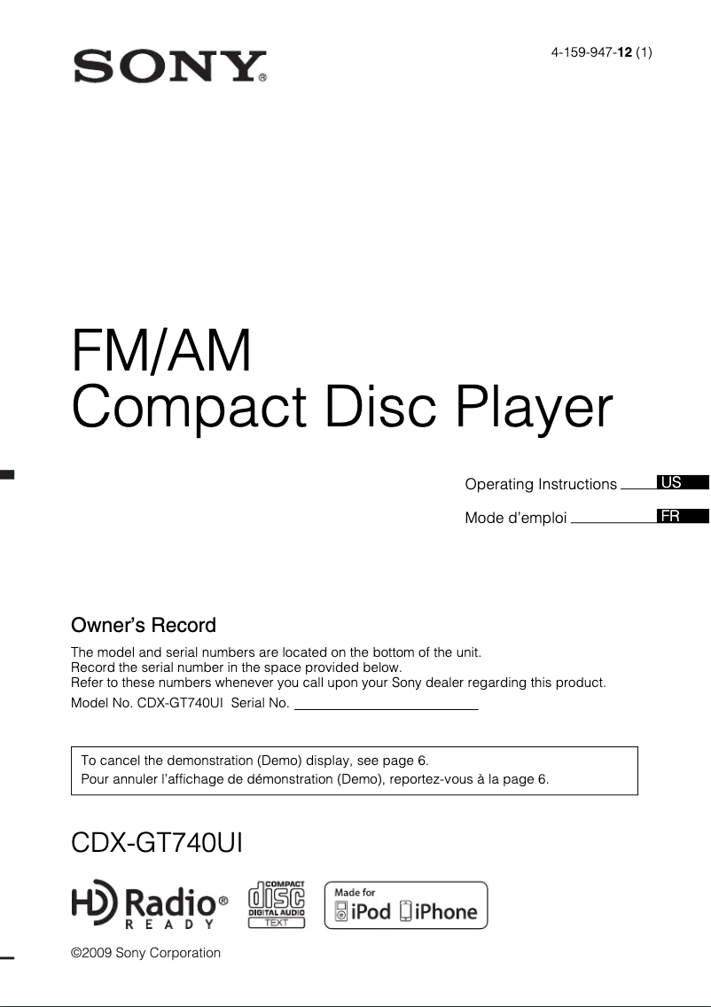 First page image of the manual for CDX-GT740UI