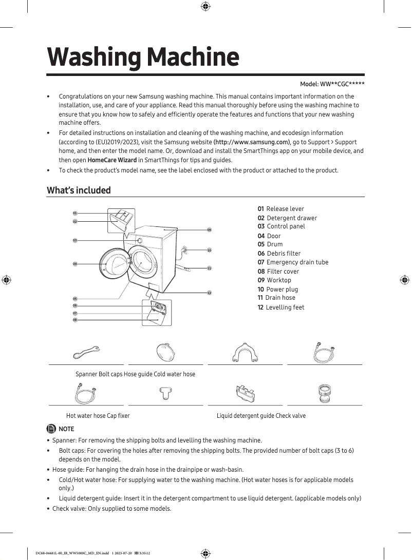 Page 1 of the manual Quick Start Guide Samsung WW90CGC04DAE