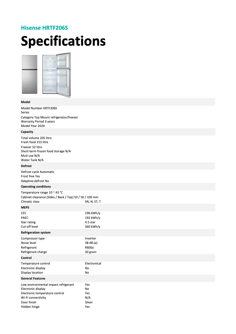 Page 1 of the manual Technical Sheet Hisense HRTF206S