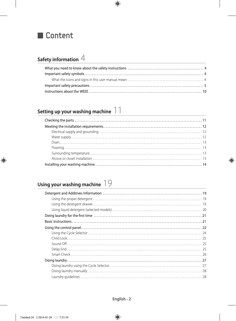 Page 1 of the manual Installation Guide Samsung WF80F5E5W4X