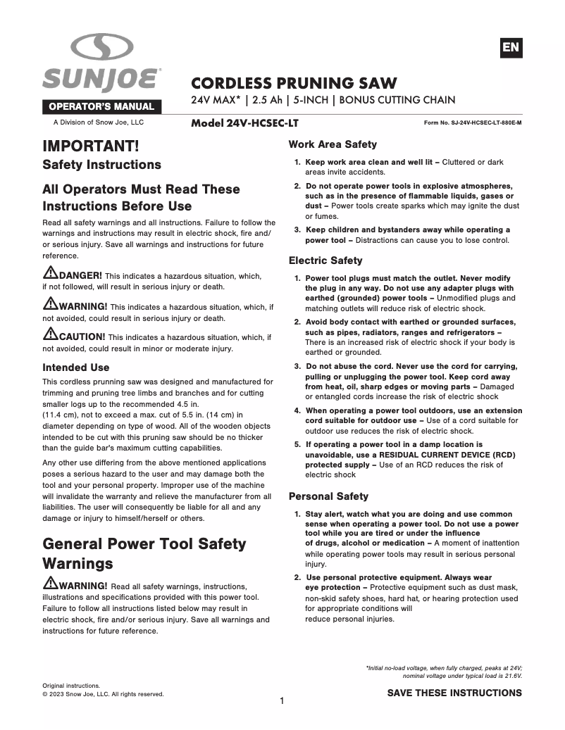 Page 1 of the manual User Manual Sun Joe 24V-HCSEC-LT