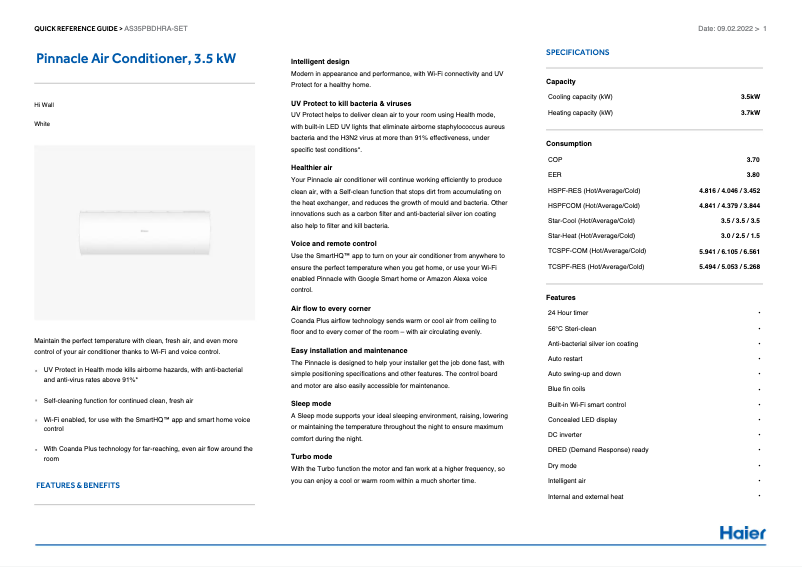 Page 1 of the manual Technical Sheet Haier AS35PBDHRA