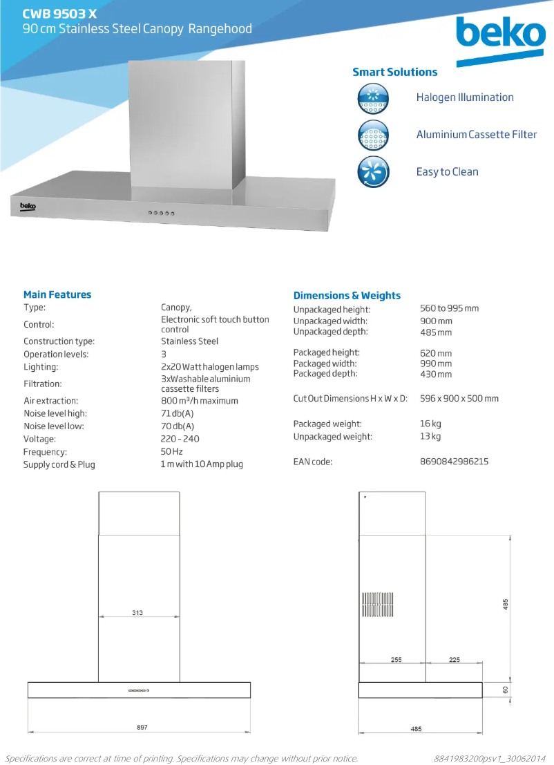 Page 1 of the manual Technical Sheet Beko CWB9503X