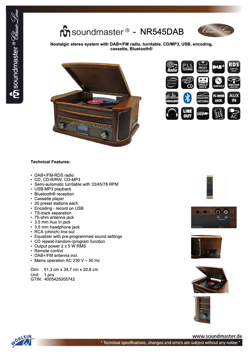 Page 1 of the manual Technical Sheet Soundmaster NR545DAB