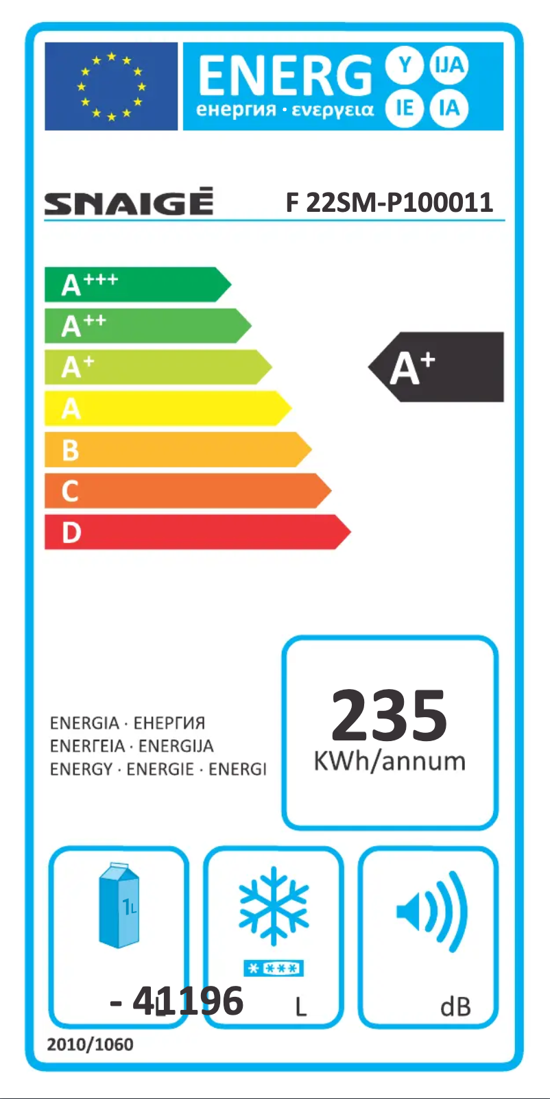 Page 1 of the manual Energy Label Snaigė Ice Logic F 22SM-P1000F1