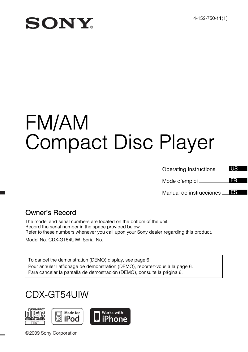 Page 1 of the manual User Manual Sony CDX-GT54UIW