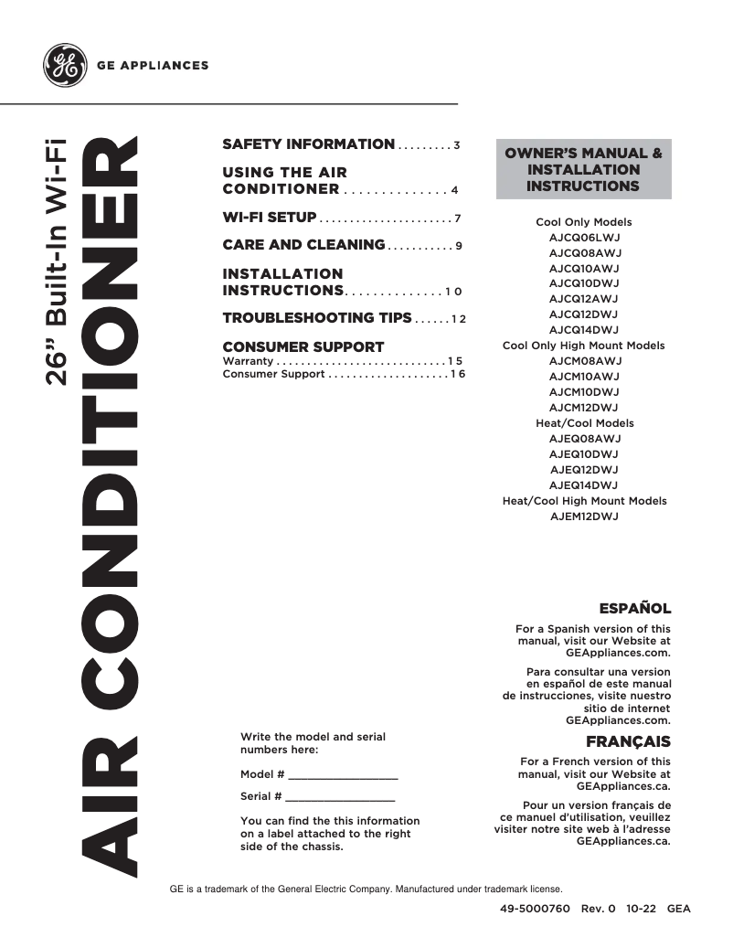 Page 1 of the manual Use and Maintenance Manual GE AJCQ14DWJ