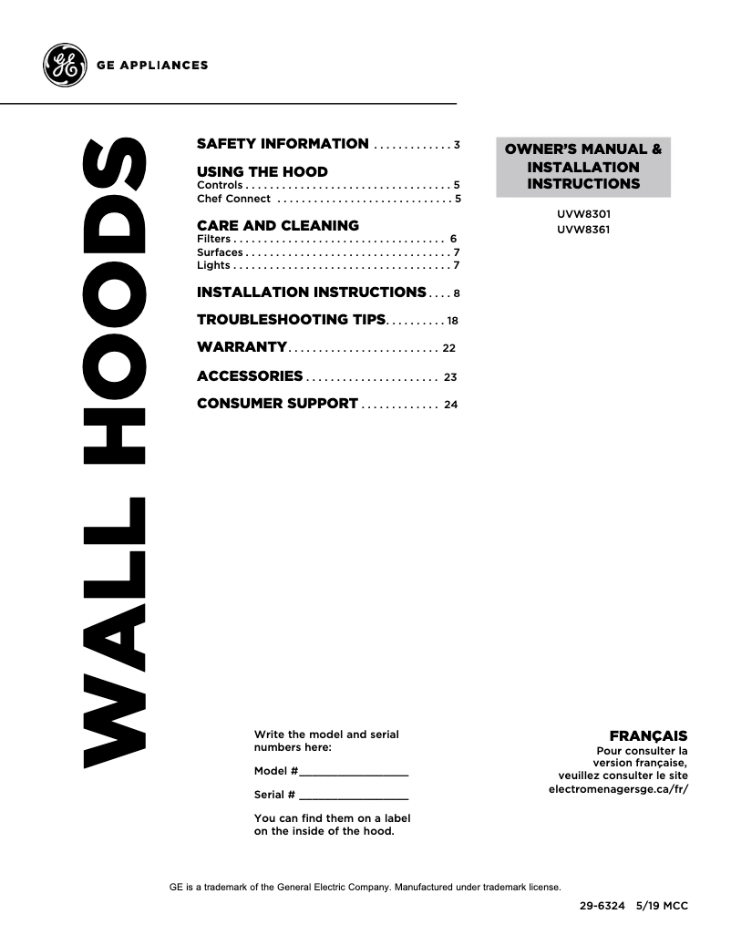 First page image of the manual for UVW8301SLSS
