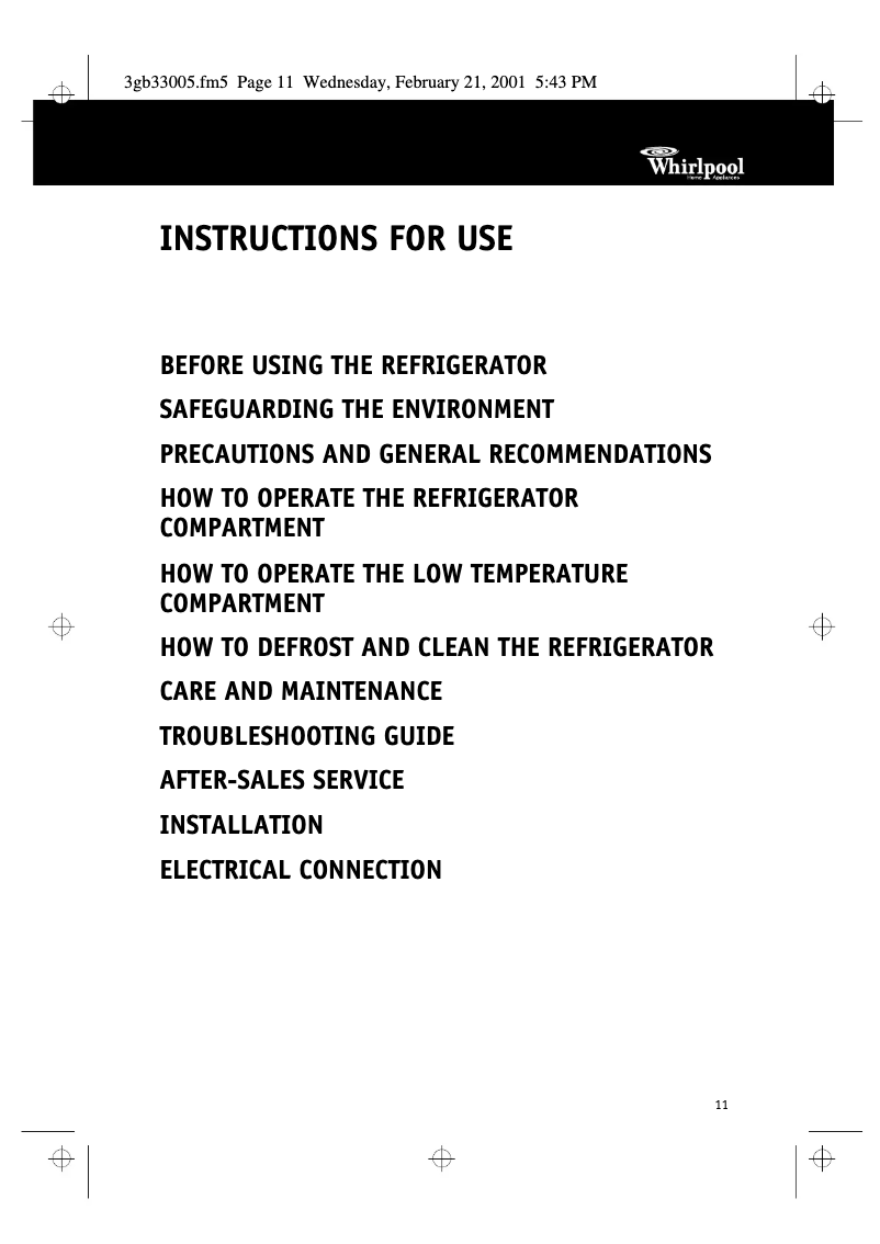 Page 1 de la notice Manuel utilisateur Whirlpool ART 222/G/1