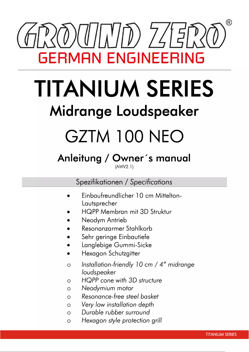 Page 1 of the manual User Manual Ground Zero GZTM 100NEO