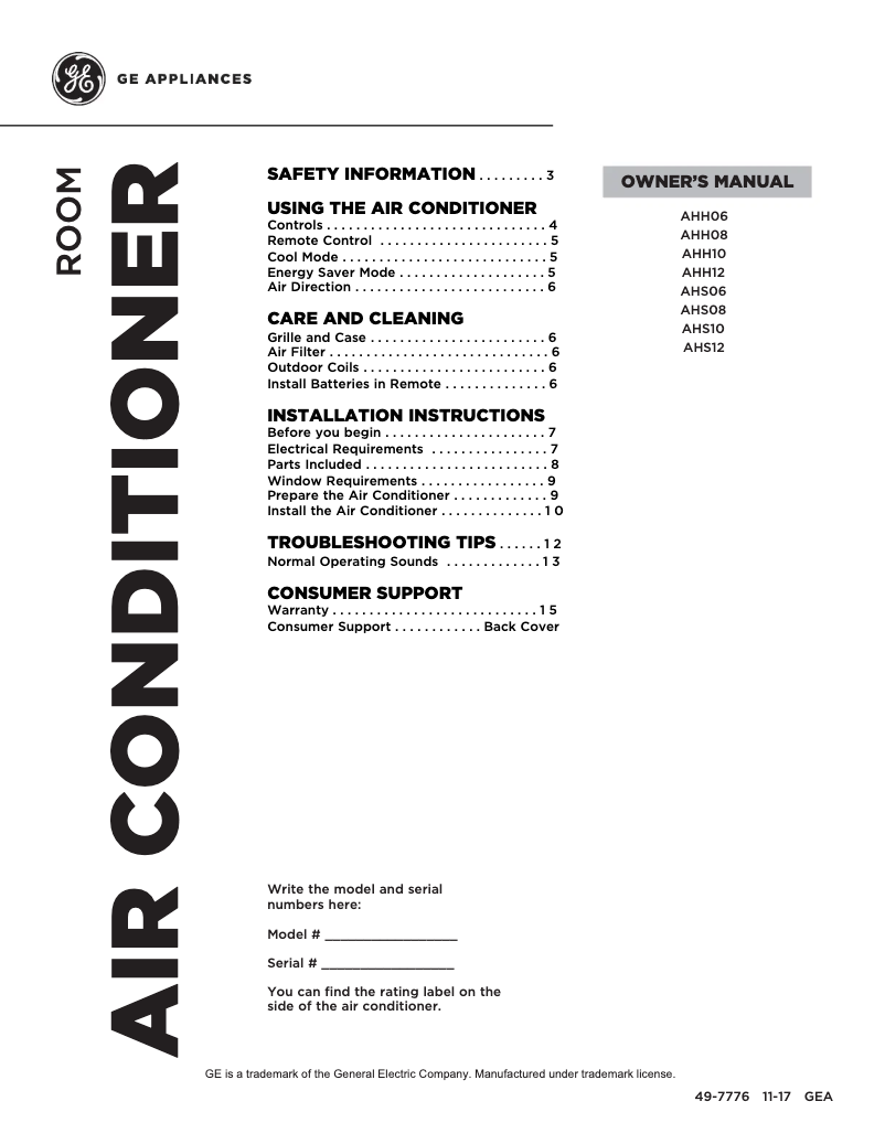 First page image of the manual for AHH06LW