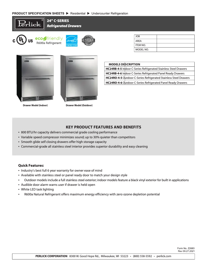 Page 1 of the manual Technical Sheet Perlick HC24RB-4-6