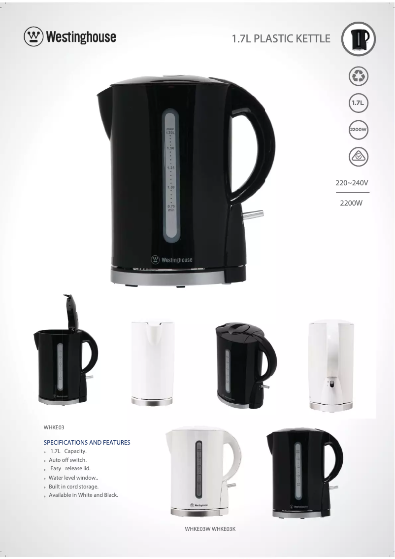 Page 1 of the manual Technical Sheet Westinghouse WHKE03W