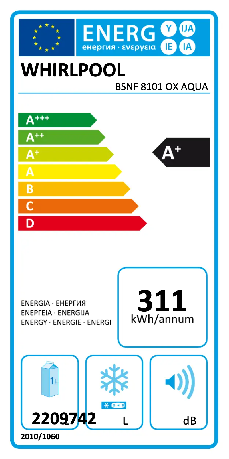 Page 1 of the manual Energy Label Whirlpool BSNF 8101 OX AQUA