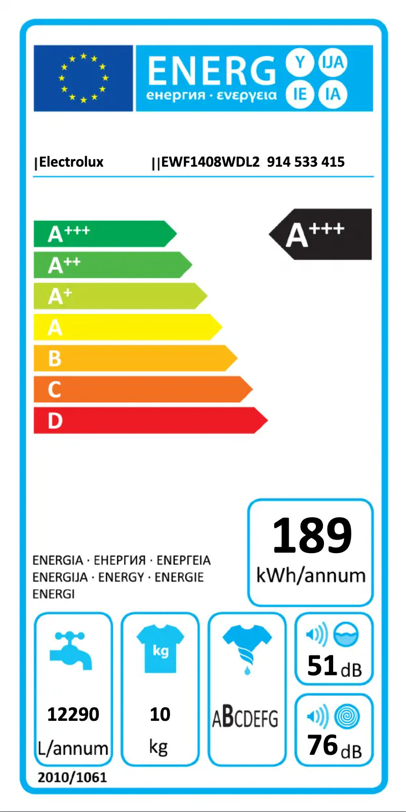 Page 1 of the manual Energy Label Electrolux EWF1408WDL2