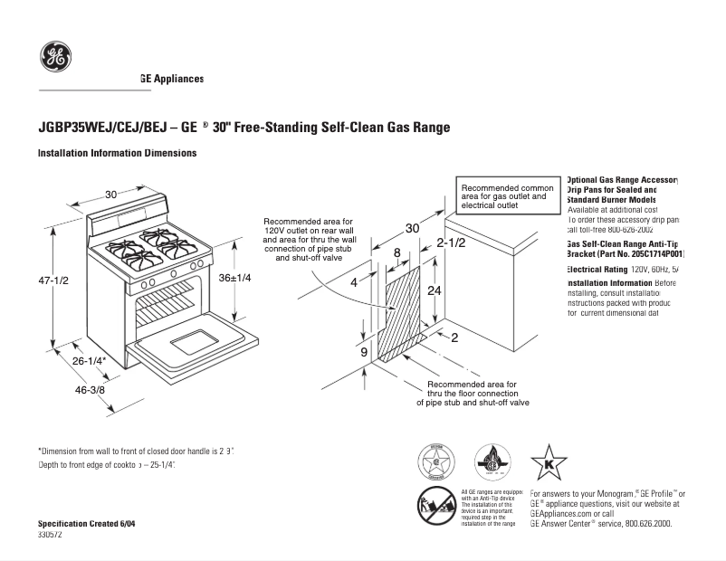 Page 1 of the manual Technical Sheet GE JGBP35CEJCC