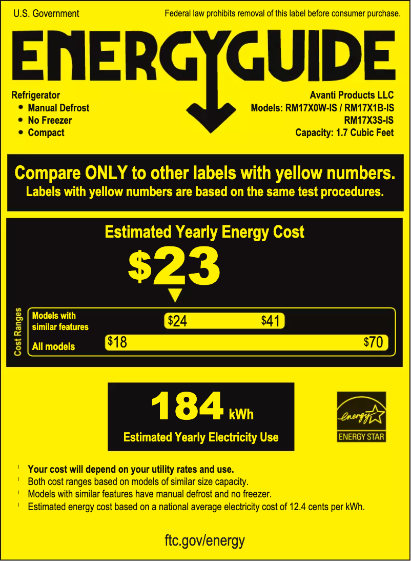 Page 1 of the manual Energy Label Avanti RM17X0W-IS