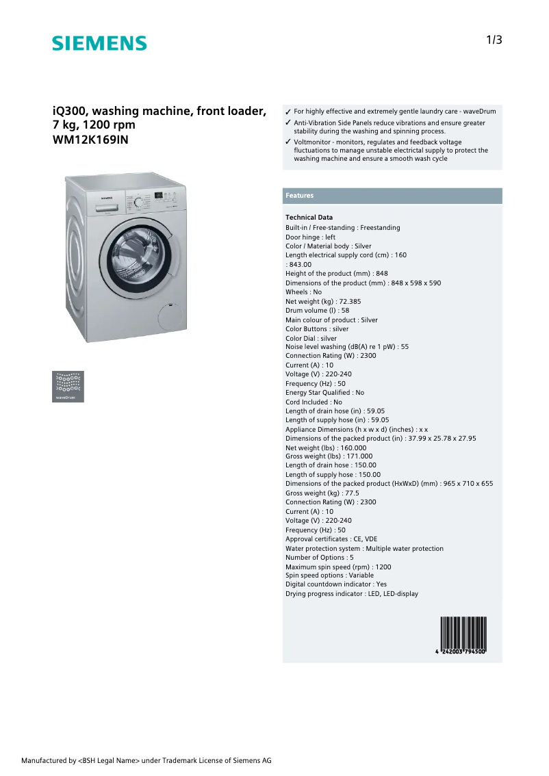 Page 1 of the manual Technical Sheet Siemens WM12K169IN