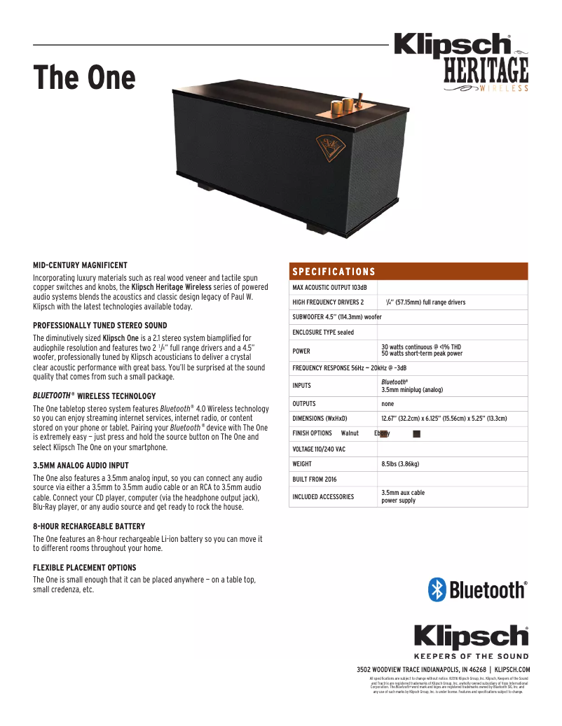 Page 1 of the manual Technical Sheet Klipsch The One