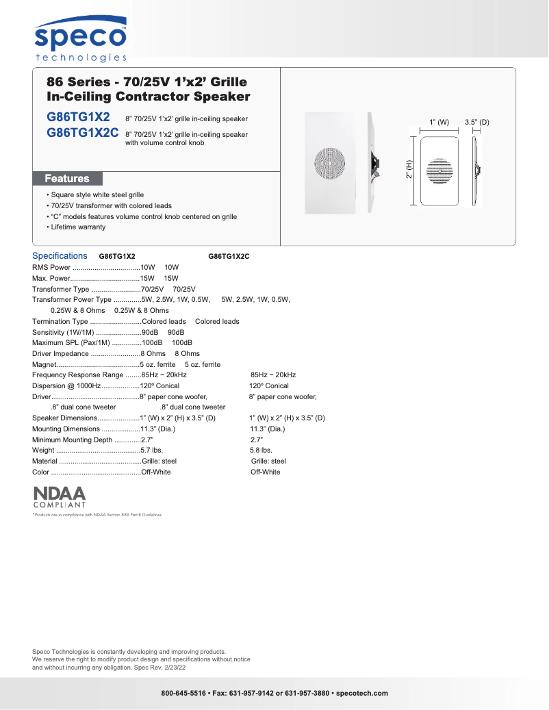 Page 1 of the manual Technical Sheet Speco Technologies G86TG1X2