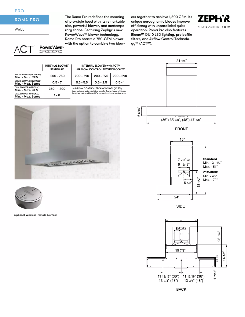 Page 1 of the manual Technical Sheet Zephyr ZRPE36AS