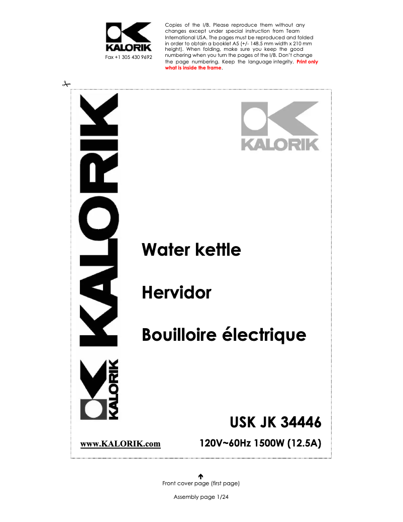 Page 1 of the manual User Manual Kalorik JK-34446