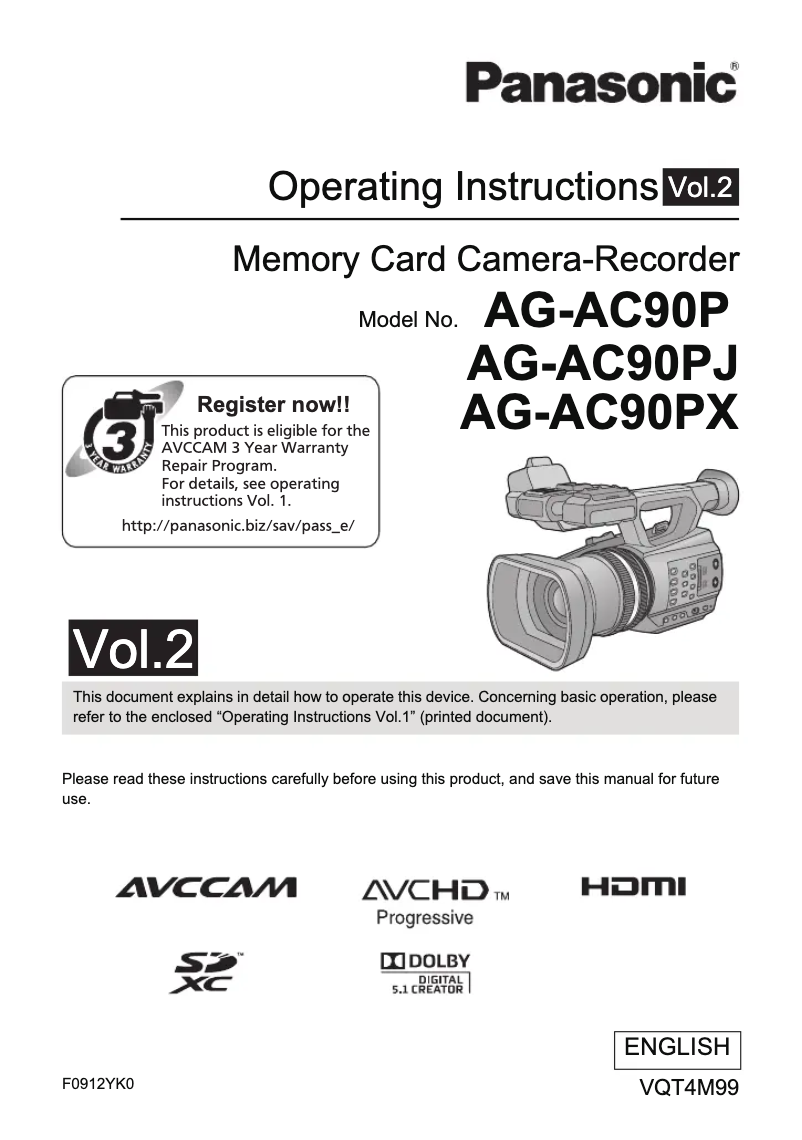 First page image of the manual for AG-AC90PJ