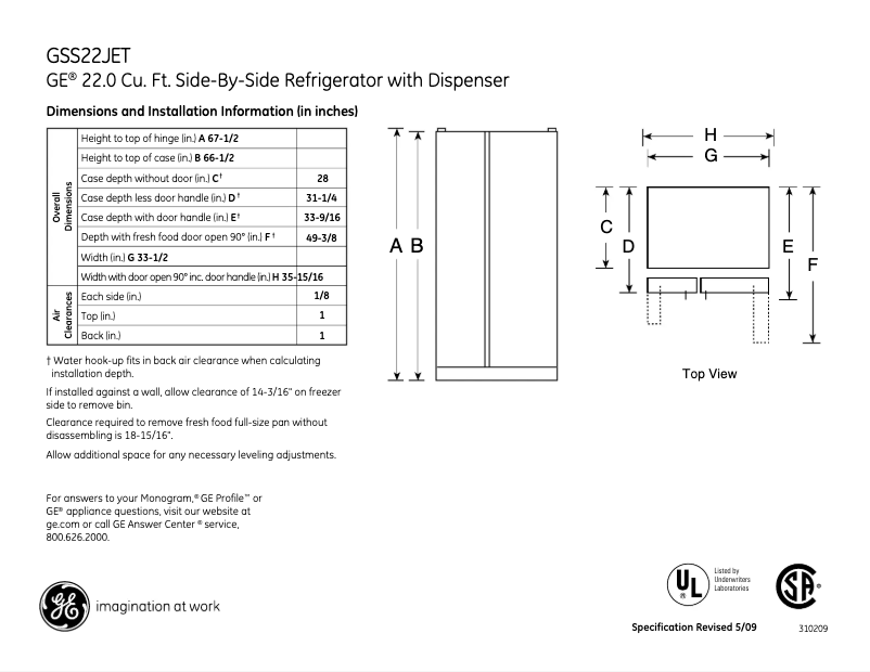Page 1 of the manual Technical Sheet GE GSS22JETBB