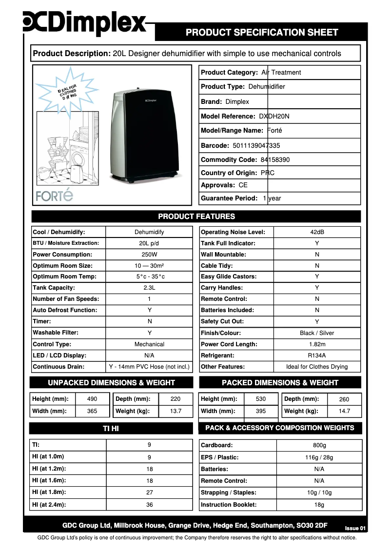 Page 1 of the manual Technical Sheet Dimplex DXDH20N
