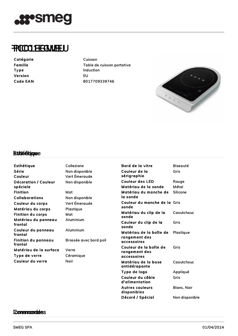 Page 1 of the manual Technical Sheet Smeg PIC01