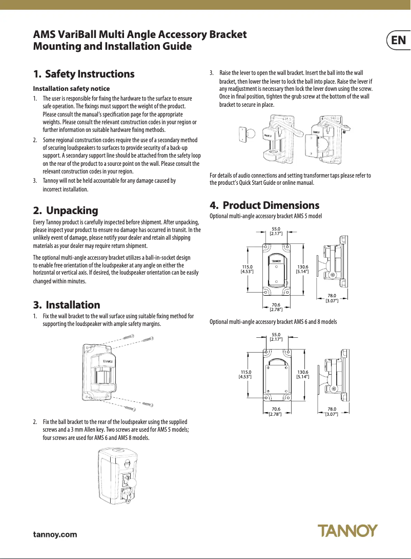 First page image of the manual for Variball Bracket AMS 6/8-WH