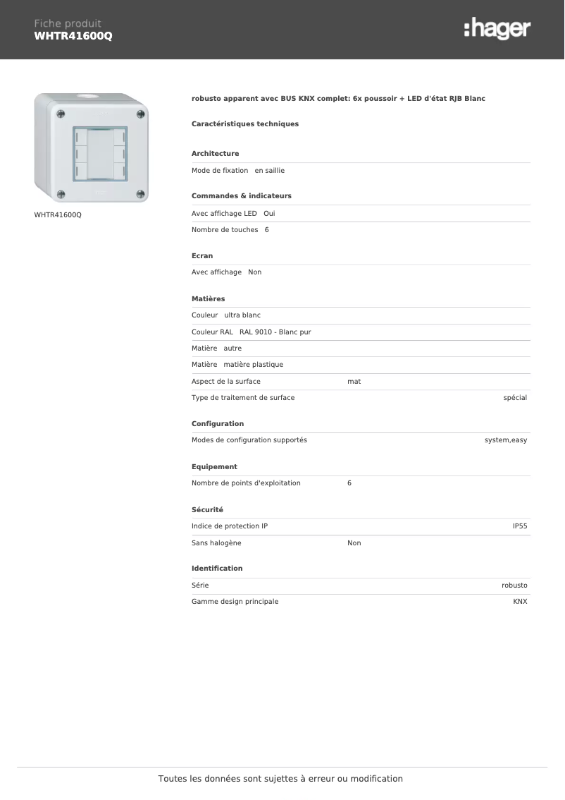 Page 1 of the manual Technical Sheet Hager WHTR41600Q