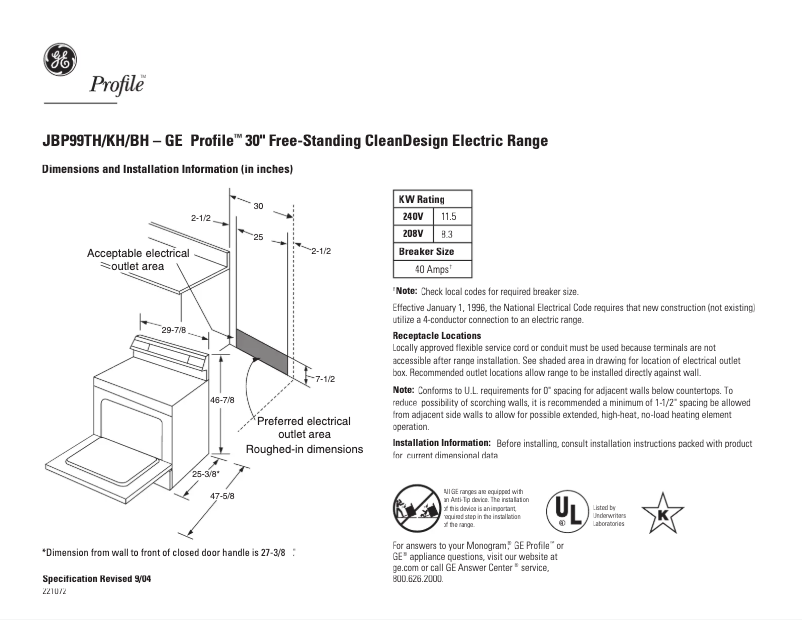 Page 1 of the manual Technical Sheet GE Profile JBP99BHBB