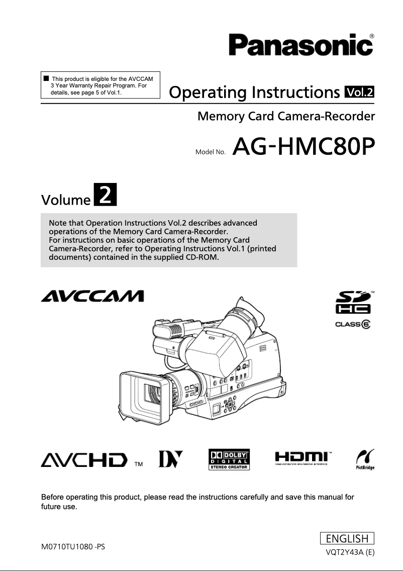 First page image of the manual for AG-HMC80