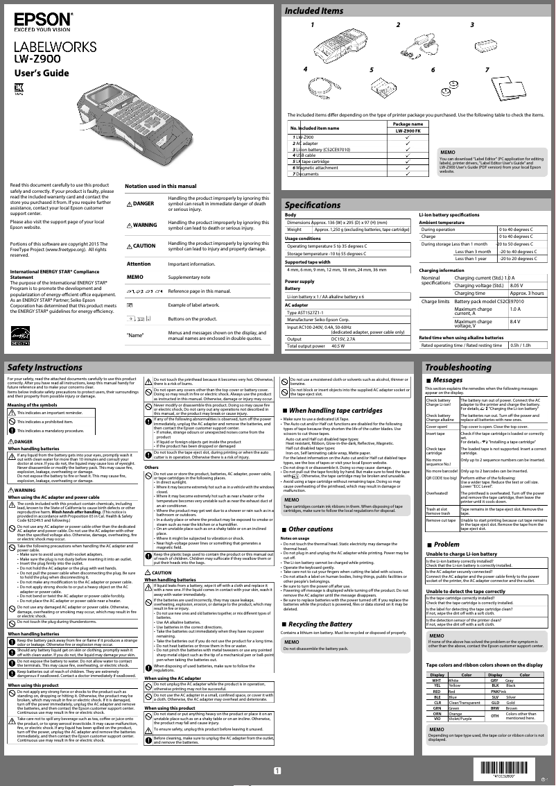 Page 1 of the manual Installation Guide Epson LabelWorks LW-Z900