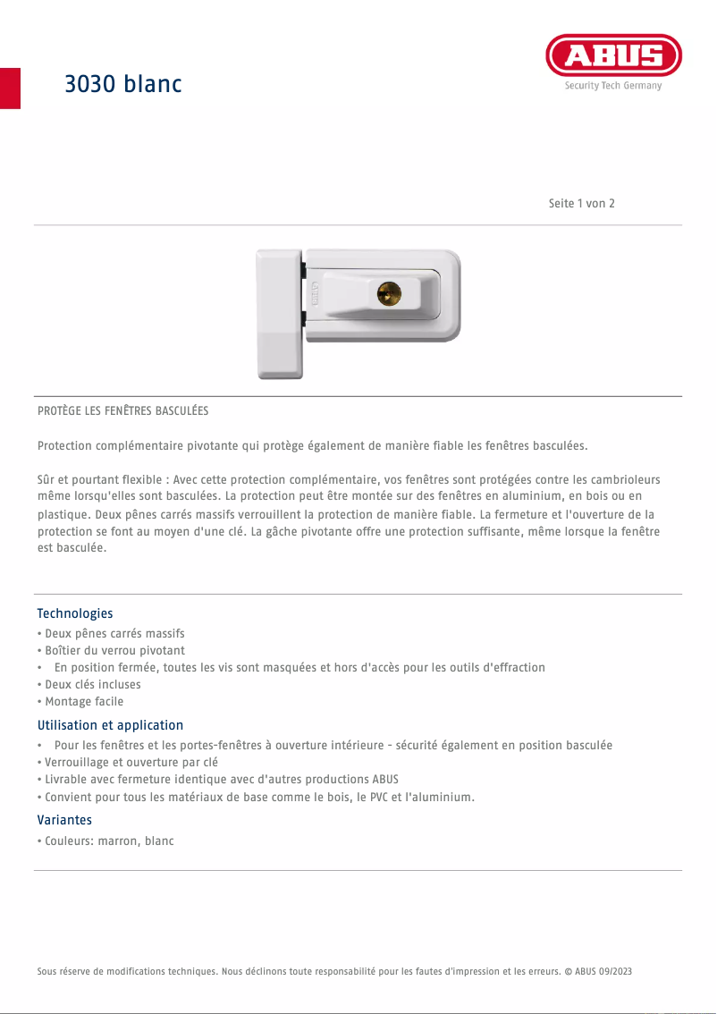 Page 1 of the manual Technical Sheet Abus 3030