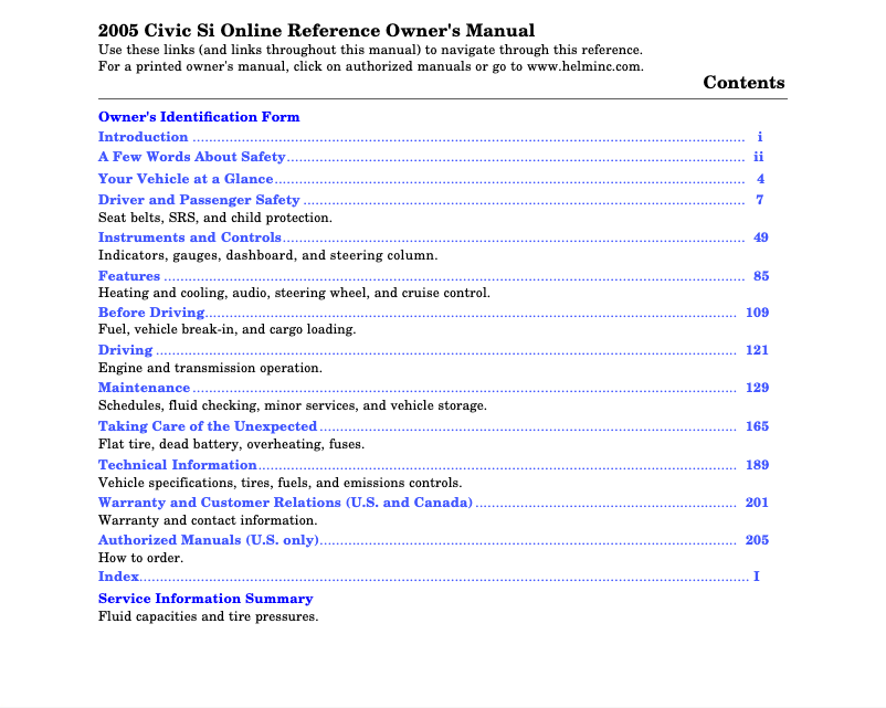 Page 1 of the manual User Manual Honda Civic Si Coupe (2005)