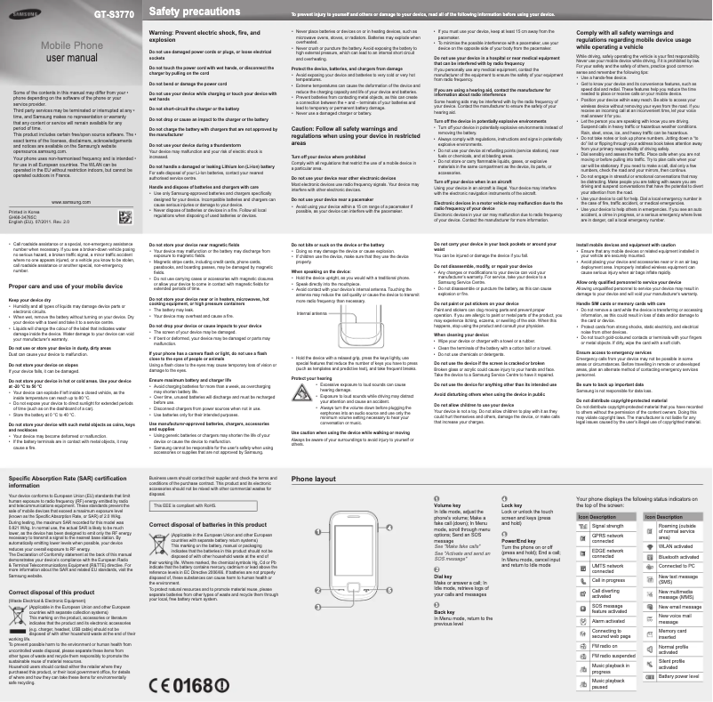 Page 1 of the manual User Manual Samsung GT-S3770