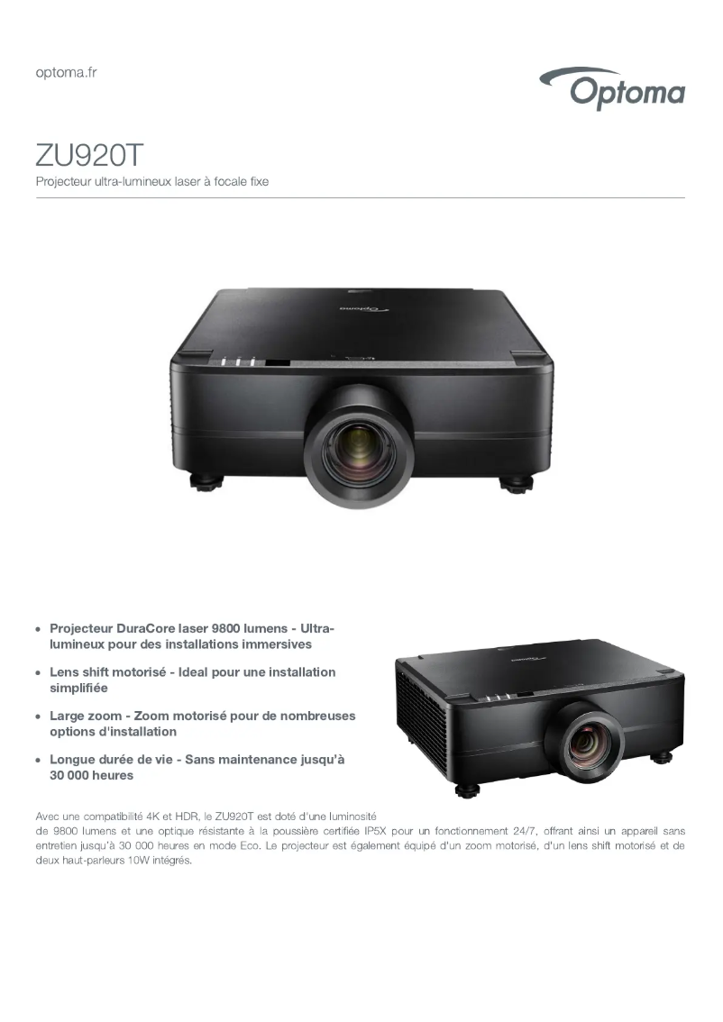 Page 1 of the manual Technical Sheet Optoma ZU920T