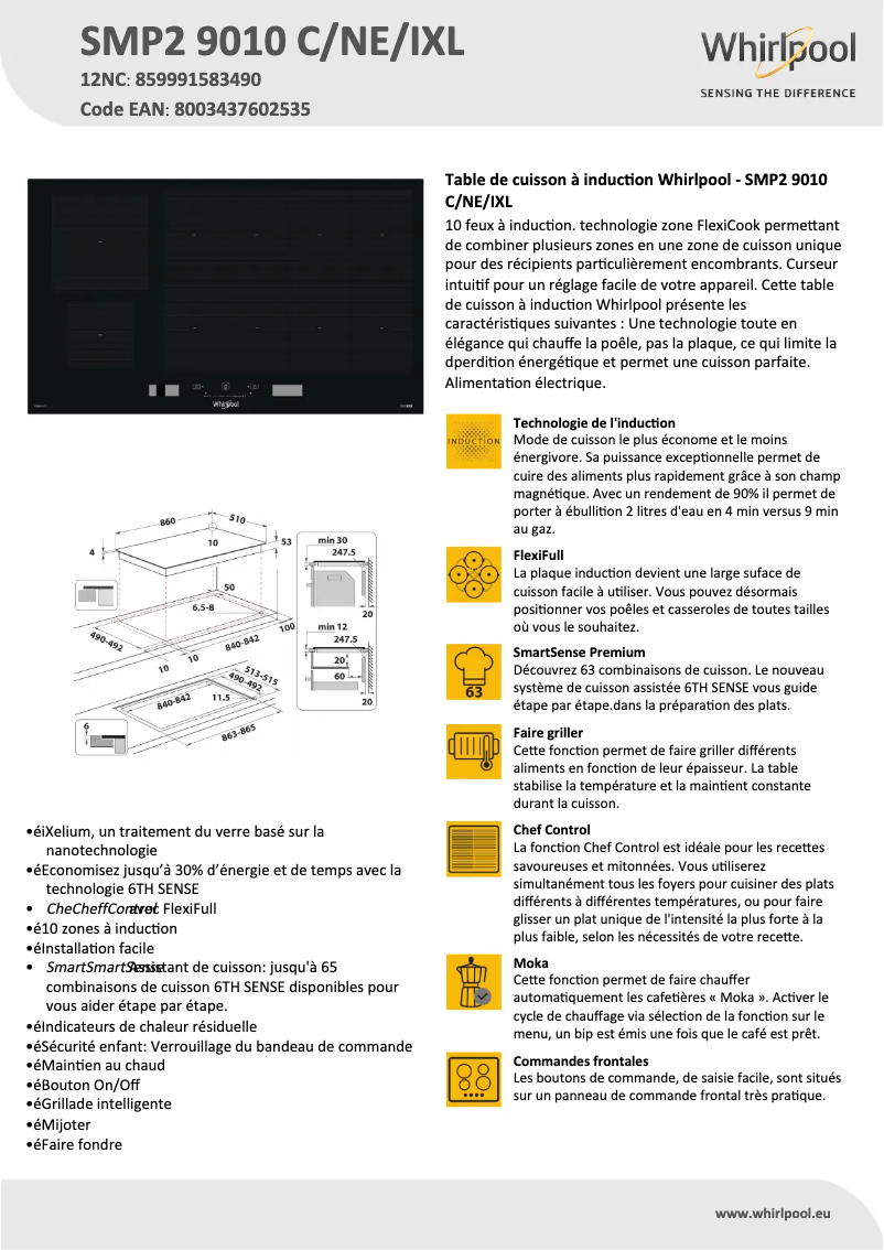 Page 1 de la notice Fiche technique Whirlpool SMP2 9010 C/NE/IXL
