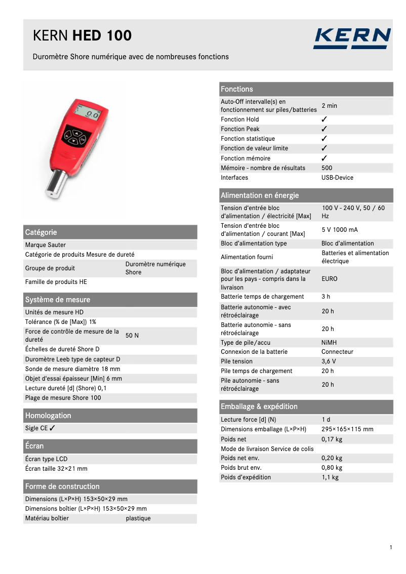 Page 1 of the manual Technical Sheet Kern HED 100