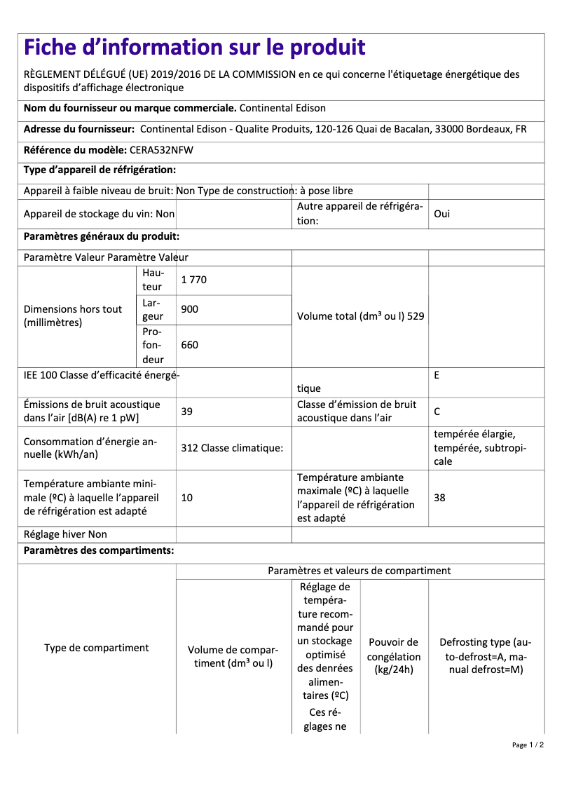 Page 1 of the manual Energy Label Continental Edison CERA532NFIX