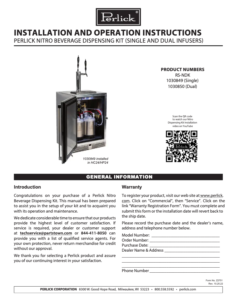 Page 1 of the manual User Manual Perlick 1030849