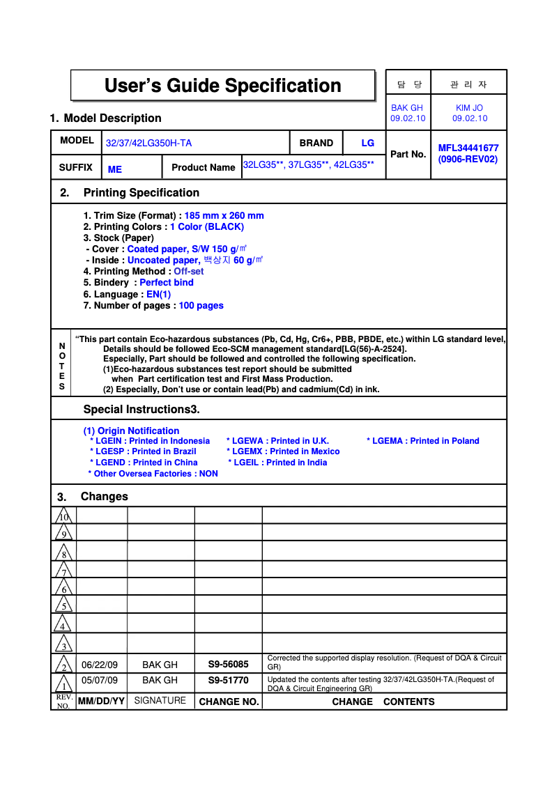 Page 1 of the manual User Manual LG 37LG350H