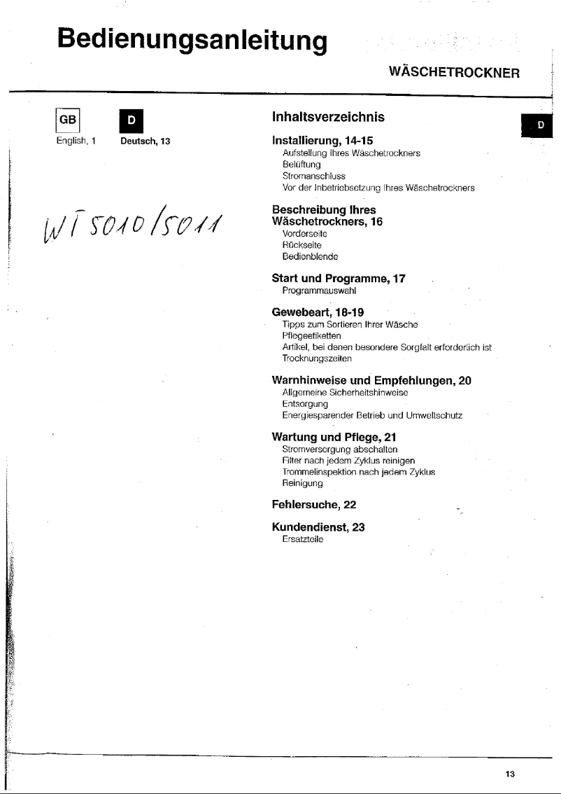 Page 1 of the manual User Manual Bomann WT 5011