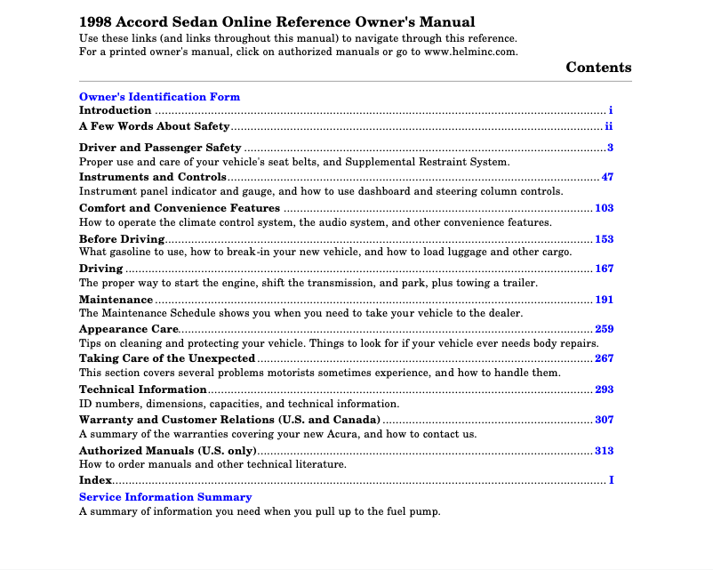 Page 1 of the manual User Manual Honda Accord Sedan (1998)