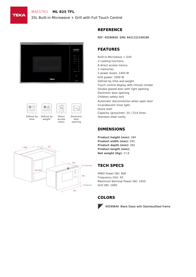 Page 1 of the manual Technical Sheet Teka ML 825 TFL